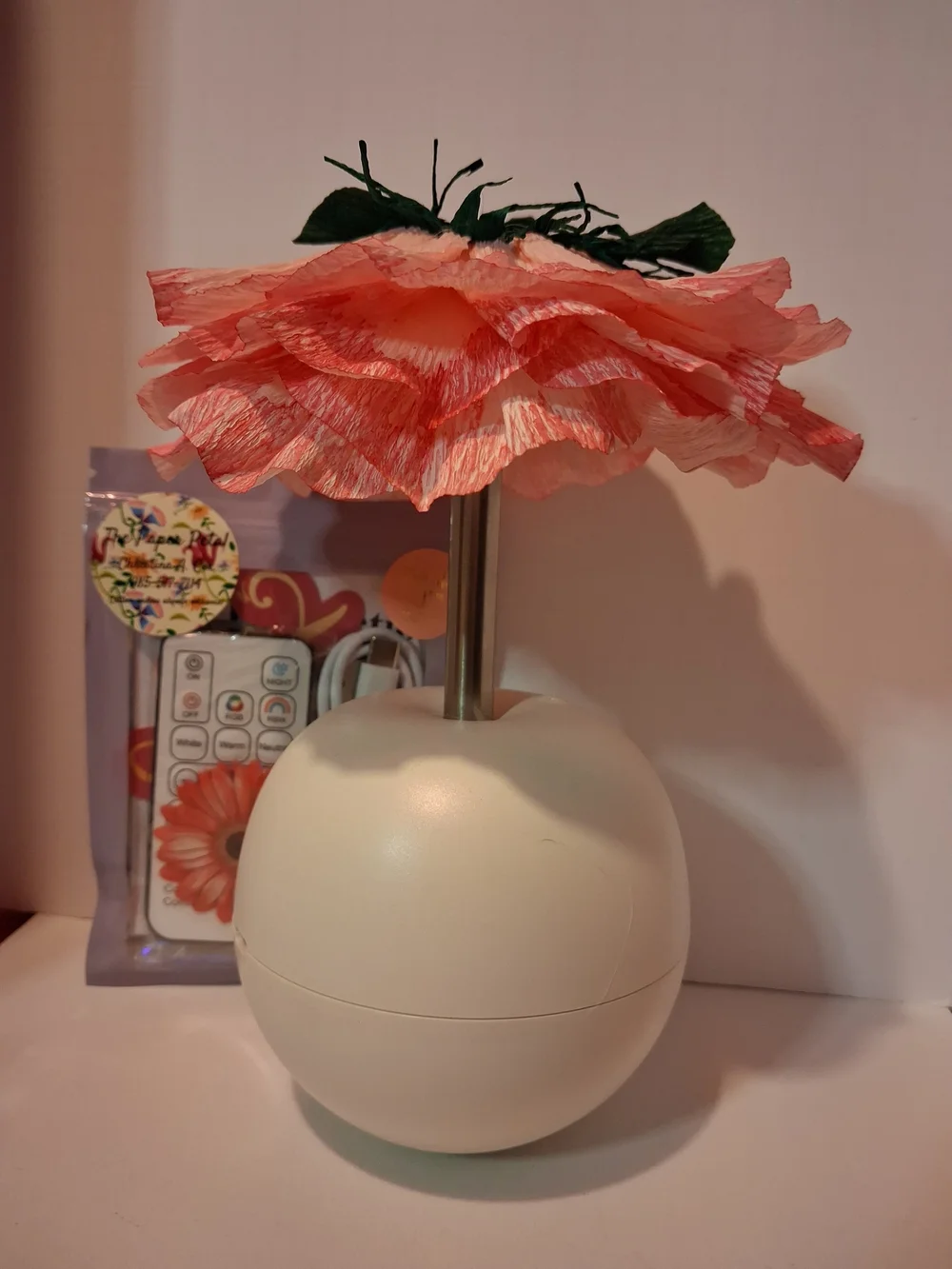Pink Flower Table Lamp - Decorative Accent With Crepe Paper Flower- Handmade